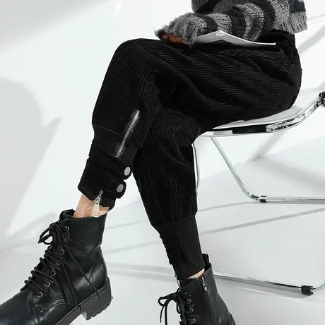 灯芯绒裤子女秋冬2023新款显瘦高腰宽松休闲裤萝卜哈伦条绒工装裤商品大图