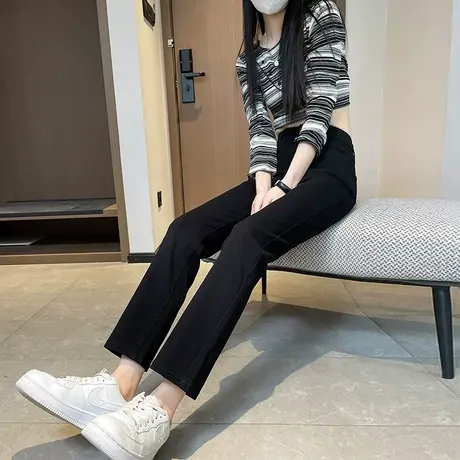 黑色直筒牛仔裤女2024年春秋新款高腰宽松窄版显瘦遮胯九分烟管裤商品大图