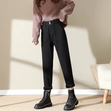 黑色牛仔裤女秋冬新款高腰宽松直筒加绒加厚显瘦萝卜老爹哈伦裤子商品大图