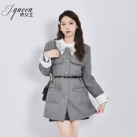 小香风毛呢外套女2024春冬新款时尚气质设计感拼接袖口呢子大衣商品大图