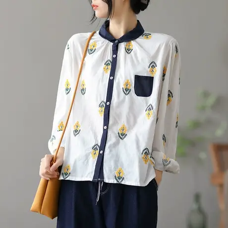 dza 复古立领亚麻上衣女士衬衫春季新款气质显瘦漂亮棉麻女式衬衣图片