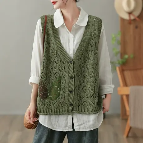 dza 复古V领针织马甲背心女士开衫秋季新款宽松叠穿毛衣马夹上衣图片