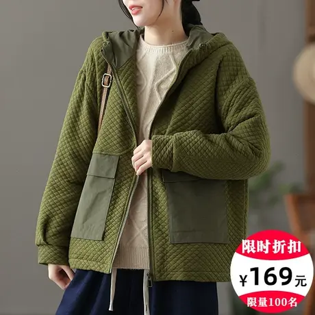 dza 军绿色菱格连帽棉衣外套女冬装新款宽松棉袄上衣休闲短款棉服图片