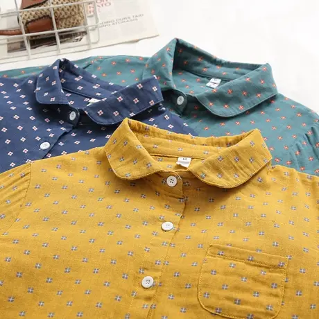 春秋新款双层棉纱舒适日系小清新格子文艺休闲衬衫女学生打底上衣图片