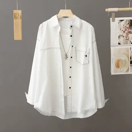 简约白色衬衫女士休闲上衣2024年秋季新款中长款叠穿衬衣外套宽松商品大图