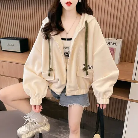 华夫格卫衣女2023新款春秋季韩版宽松薄款初秋百搭小个子短款外套商品大图
