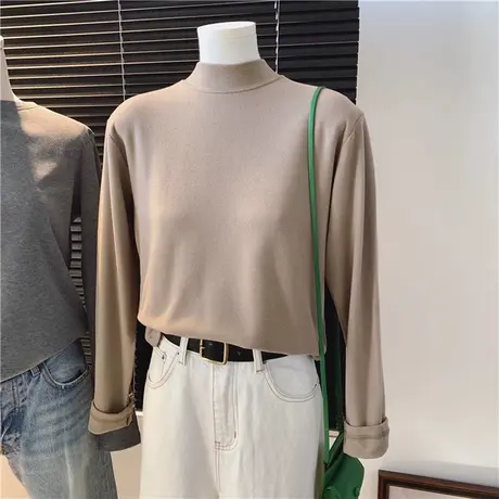 法式复古德绒长袖T恤女2023新款秋冬装宽松显瘦半高领打底衫上衣图片