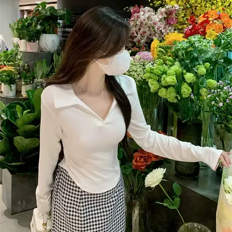 纯欲风别致polo领长袖白色t恤女早秋新款修身翻领上衣打底衫短款图片