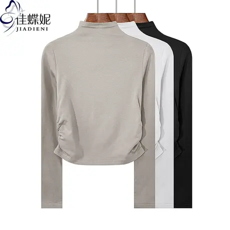 秋冬新款半高领修身短款褶皱纯棉纯色显瘦长袖体恤上衣女打底衫商品大图