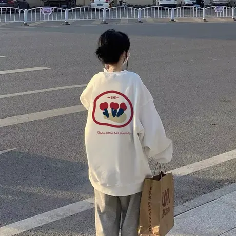 加绒加厚白色圆领卫衣女秋冬oversize美式设计感大码chic温柔上衣商品大图