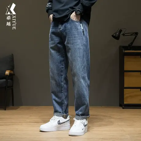 希越简约百搭牛仔裤男2023春秋新品直筒长裤宽松大码胖子男士裤子商品大图