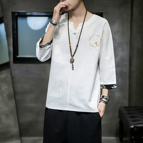 亚麻短袖t恤男夏季复古风新中式七分袖上衣中国风男装唐装棉麻衣商品大图