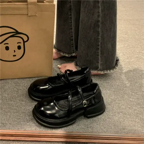 英伦风百搭小皮鞋女夏季小众设计厚底圆头粗跟玛丽珍浅口大头单鞋商品大图