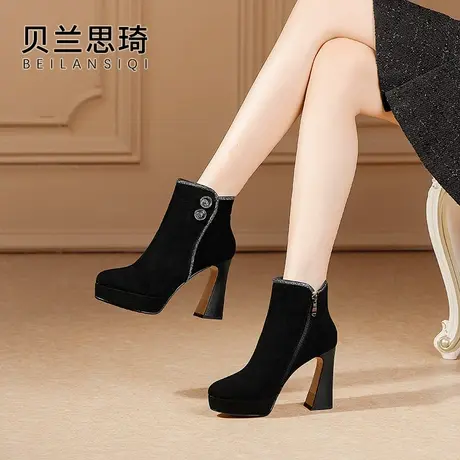 磨砂真皮水钻厚底粗跟短靴女2023秋冬季新款防水台高跟时装短靴子图片