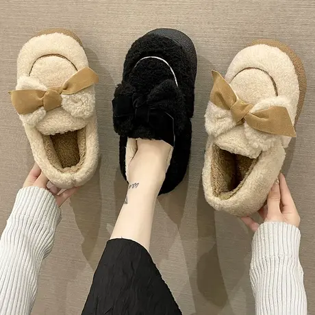 棉拖鞋女士冬季可爱蝴蝶结室内居家月子毛绒保暖厚底防滑包跟棉鞋商品大图