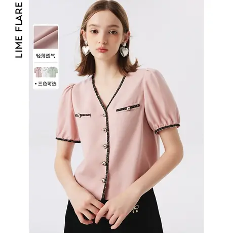 莱茵福莱尔法式别致V领泡泡袖衬衫百搭短袖洋气上衣2023夏季奥莱图片