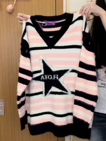 红续设计感星星条纹可拆卸V领针织毛衣女复古慵懒风长袖秋冬新款图片