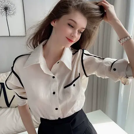 粉红大布娃娃新款高级感上衣女春春时尚拼接慵懒风衬衣设计感衬衫商品大图