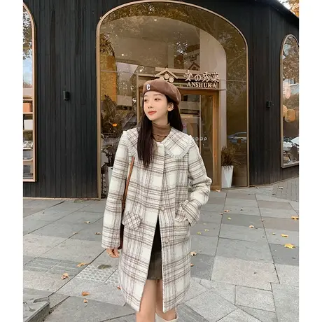 时尚气质格纹加棉毛呢外套2021年秋冬新款女士百搭显瘦娃娃领上衣商品大图