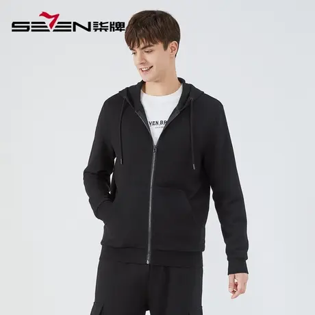 柒牌卫衣外套清仓男时尚潮流百搭春秋款黑色提花长袖连帽拉链开衫商品大图