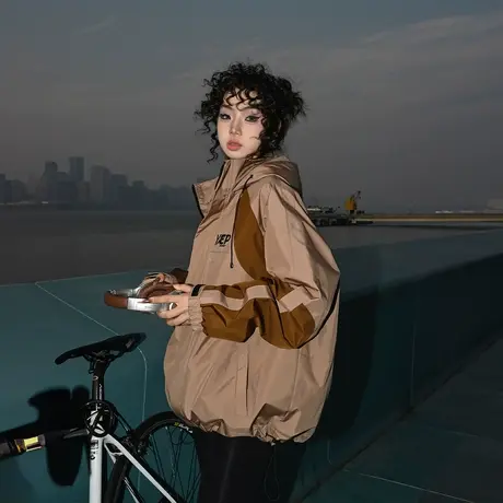 YEP复古拼接运动美拉德外套女春秋薄款2024新款潮牌宽松夹克上衣商品大图