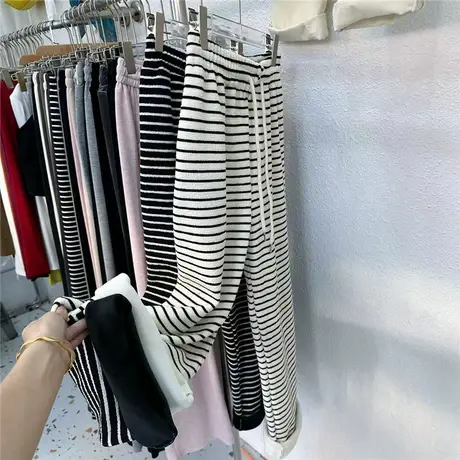 冬季韩系慵懒高腰条纹糯米毛巾直筒阔腿裤显瘦加绒加厚女坠感长裤商品大图