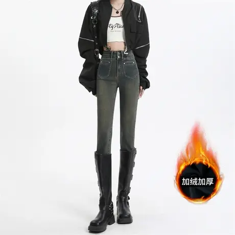 水泥灰高腰加绒牛仔裤女秋冬2023年新款加厚显瘦铅笔紧身小脚裤子图片