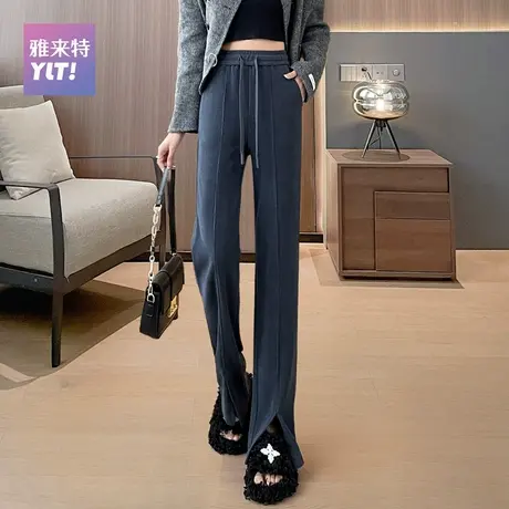 灰色灯芯绒阔腿裤女秋冬加绒休闲高腰垂感小个子开叉窄版直筒裤子商品大图