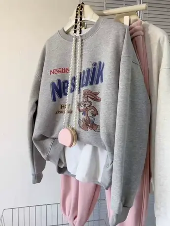 字母兔子无感印花秋冬加绒加厚上衣宽松大码女款韩版复古圆领卫衣商品大图