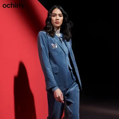 【呼呼严选专享】欧时力 灯芯绒西装外套新款春装徽章中长英伦风图片