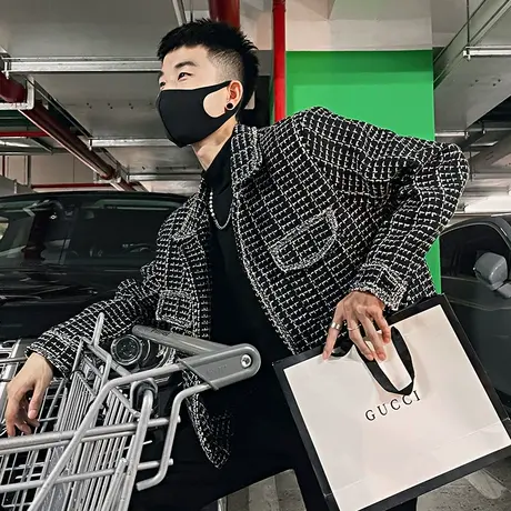 夹克男修身潮牌ins格子上衣2023新款网红炸街痞帅小香风学生外套商品大图