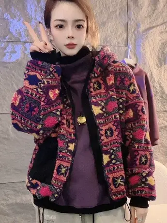 两面穿加厚羊羔毛拉链印花连帽外套202冬季新款时尚洋气保暖棉衣图片