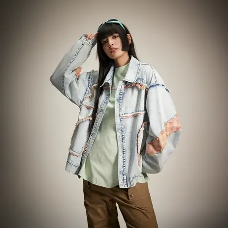 复古拼接设计感毛边牛仔外套女2024春季新款水洗做旧夹克宽松上衣商品大图