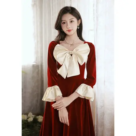 长袖敬酒服新娘2023新款秋冬季酒红色高级感订婚礼服连衣裙蝴蝶结商品大图