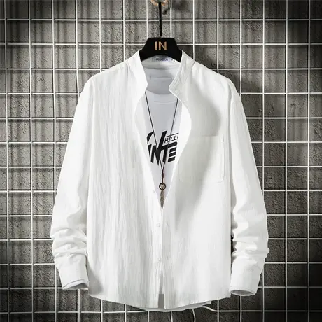 立领棉麻衬衫男长袖男士纯色打底衬衣韩版宽松加大码纯色秋季寸衫图片