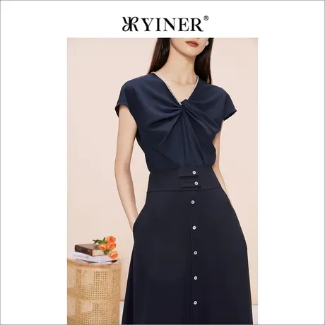 YINER音儿线上专选女装2023夏季钉钻V领收褶针织衫套头上衣商品大图