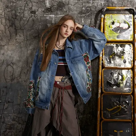 美式复古拼接设计感牛仔外套女2024春季新款潮牌宽松oversize夹克图片