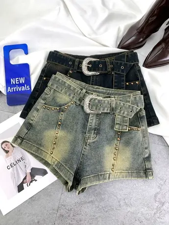 美式复古铆钉牛仔短裤女2024春季新款显瘦百搭高腰弹力a字阔腿裤商品大图