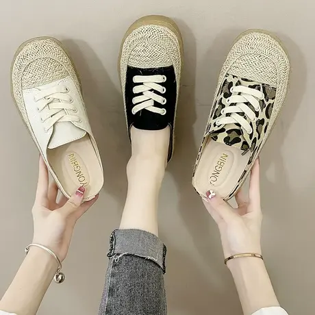 帆布拖鞋女厚底外穿系带豹纹夏天渔夫鞋草编百搭学生平底半拖鞋夏商品大图