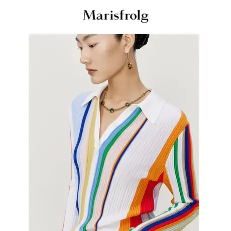 【细羊毛】玛丝菲尔2022年新款春夏复古时尚拼色彩色条纹毛衣商品大图
