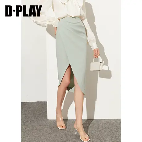 DPLAY夏新款休闲通勤风不对称捏褶设计感灰豆绿半身裙商品大图