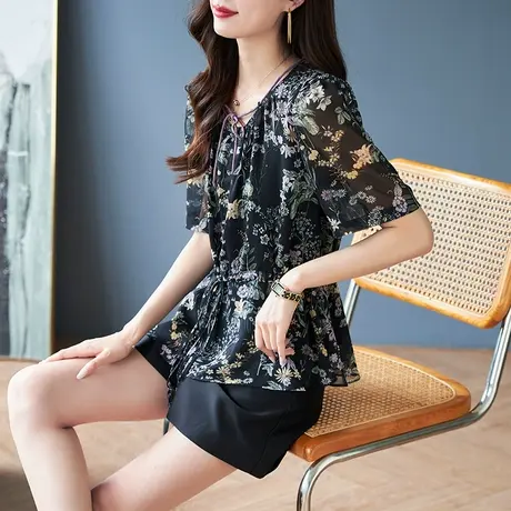 宝诗黎系带印花短袖雪纺衫时尚洋气收腰小衫2023夏季新款减龄女装图片