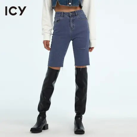 icy女装新款复古风时尚潮酷简约毛边修身短裤牛仔裤休闲裤女图片