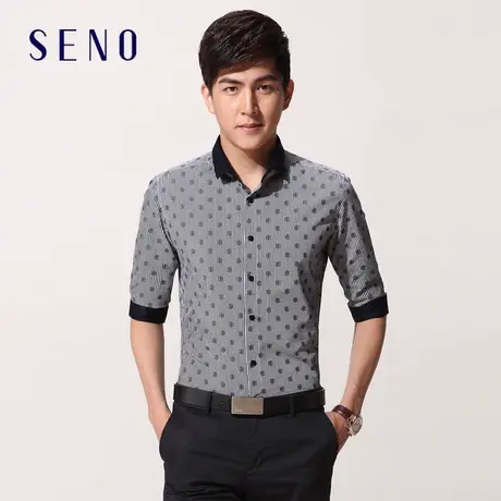 Seno男装休闲条纹波点提花小领时尚修身男装中袖衬衫纯棉衬衣商品大图