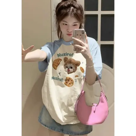 纯棉插肩短袖t恤女夏季宽松设计感小众夏日多巴胺穿搭上衣小个子图片