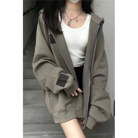 oversize美式复古连帽开衫卫衣女春秋薄款ins潮宽松chic港风外套图片