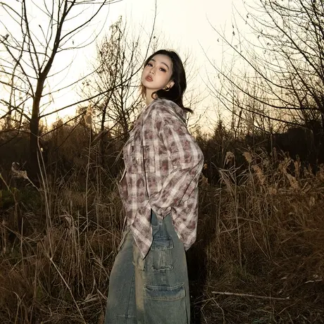 YEP复古美拉德穿搭格子衬衫女春季2024新款潮牌连帽外套宽松衬衣图片