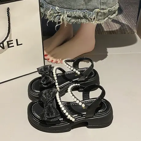 温柔网纱蝴蝶结珍珠露趾凉鞋女2024夏季新款仙女风百搭粗跟罗马鞋商品大图