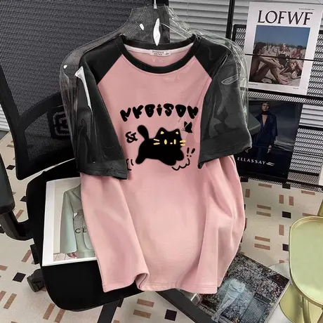 胖mm大码纯棉撞色T恤女夏季宽松插肩袖上衣ins潮美式复古时尚短袖商品大图