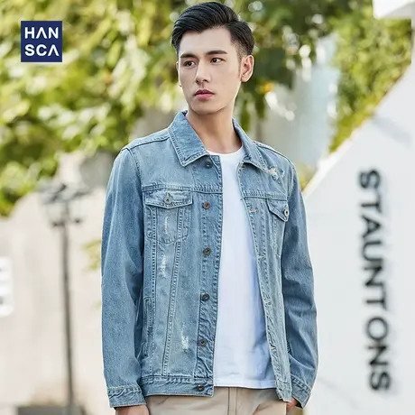汉斯卡2021秋季新款破洞牛仔外套男宽松韩版青年潮流休闲翻领夹克商品大图